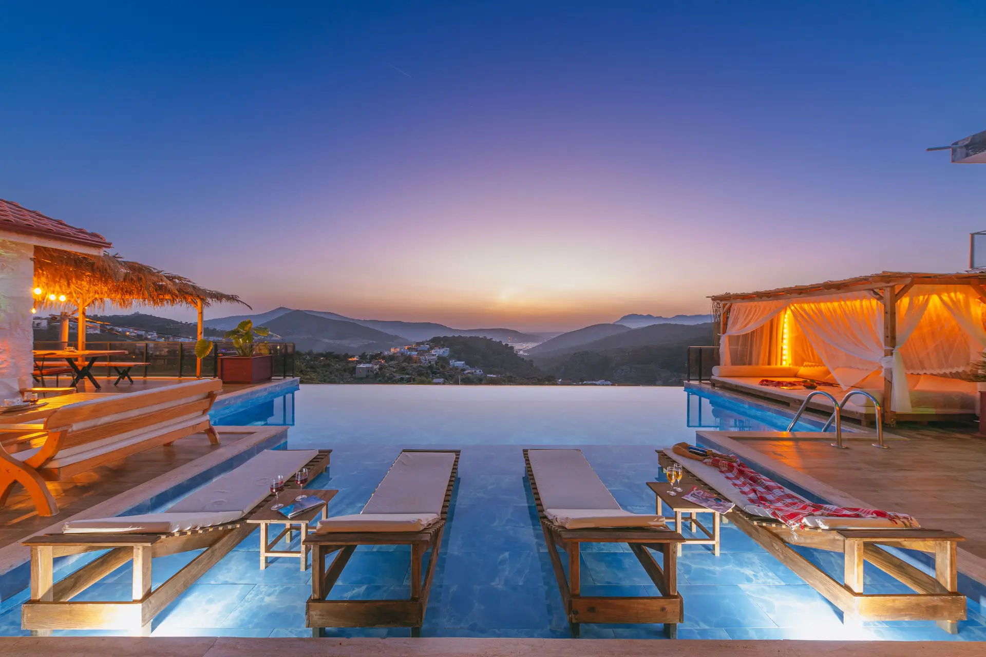 Resort pool at sunset